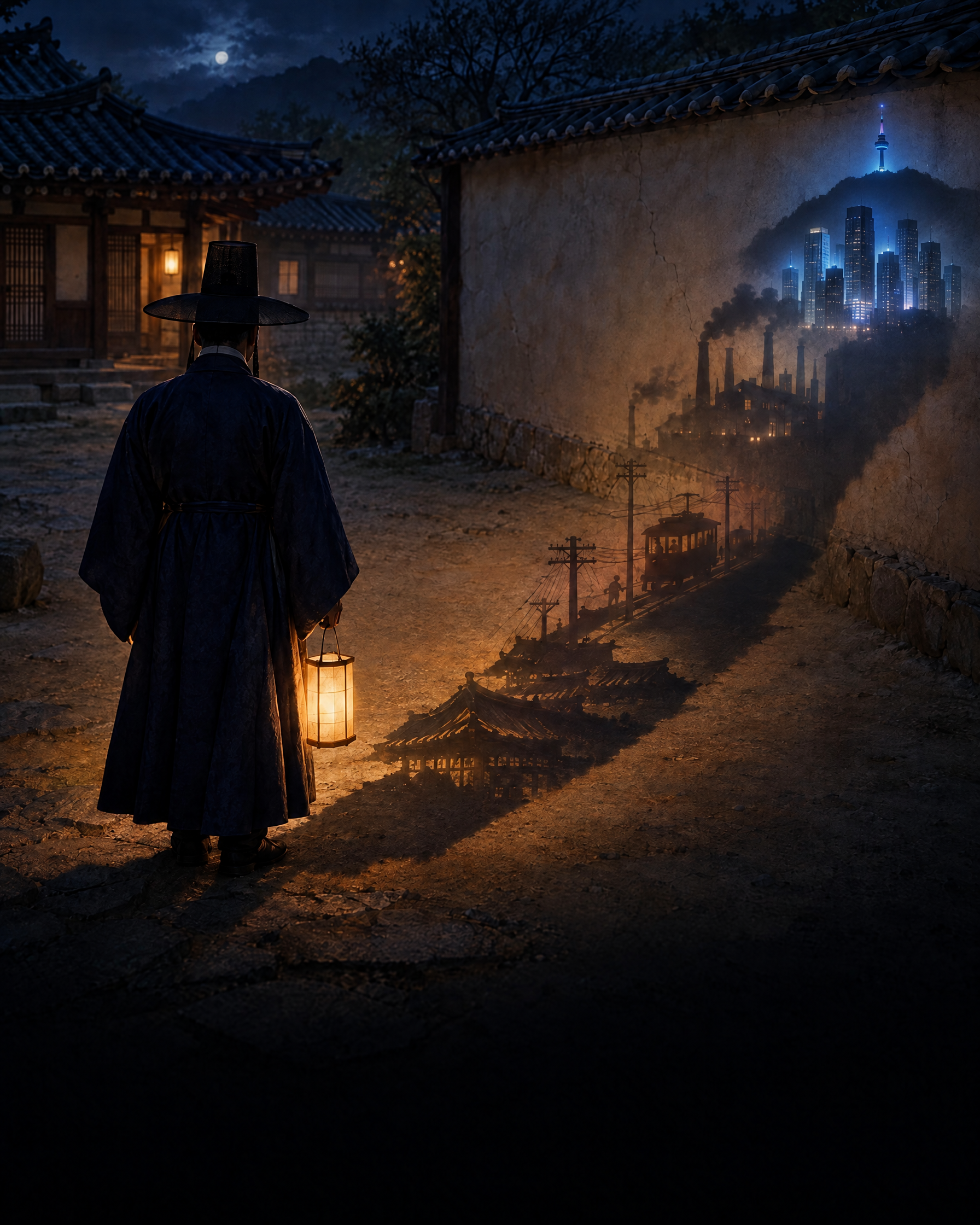 등불을 든 노관원 앞 담장에 조선의 기와집부터 전차와 공장, 남산타워가 보이는 현대 서울까지 시대의 흐름이 이어지는 장면