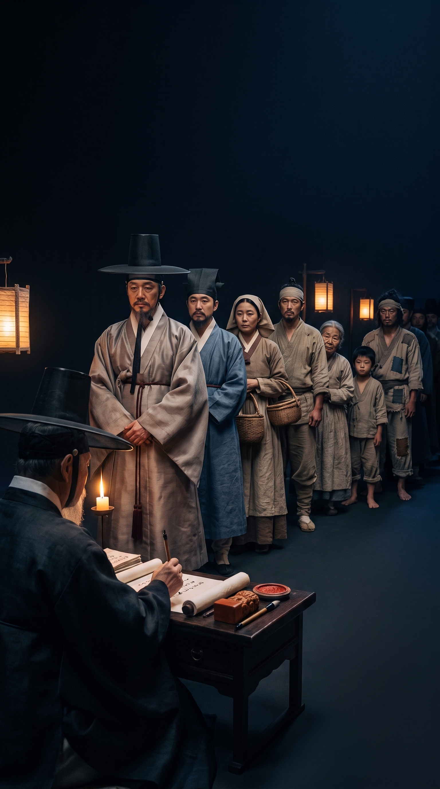 촛불 아래 사주를 읽는 노관원의 뒷모습과 차례를 기다리는 사람들을 그린 장면